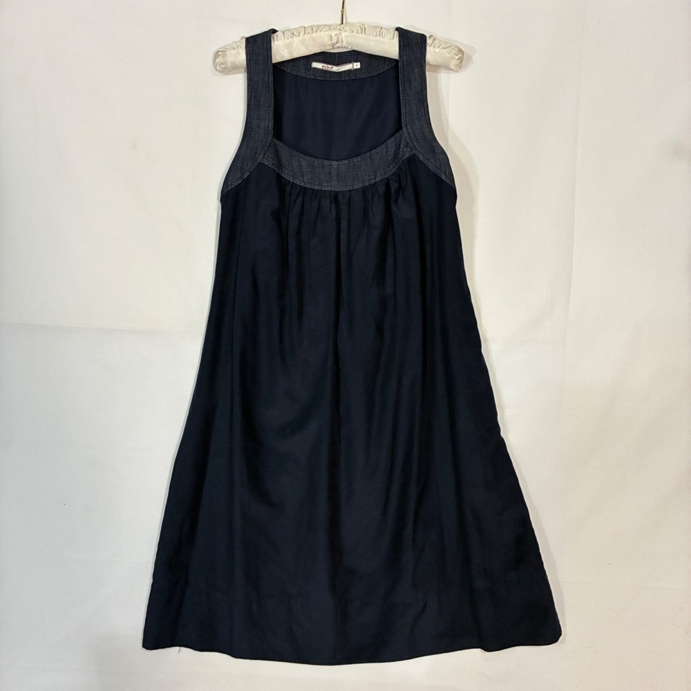 Mint Dress Women 4 Navy Blue Denim Silk Blend Sleeveless Shift Midi Pockets - Picture 4 of 12